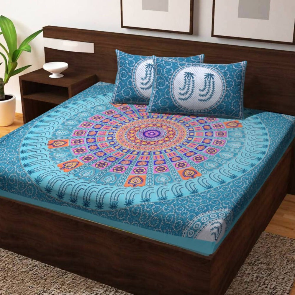Vamika Printed Cotton Rama Green Bedsheet With Pillow Covers (PM Casino Rama) | Grocsy