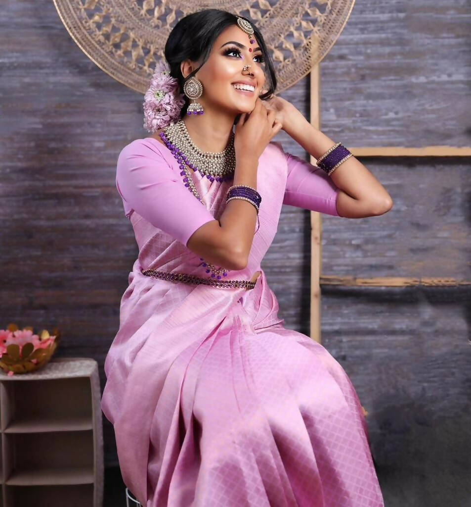 DEIANA'S Beautiful Designer Golden zari Soft Lichi Silk Saree - Baby pink | Grocsy