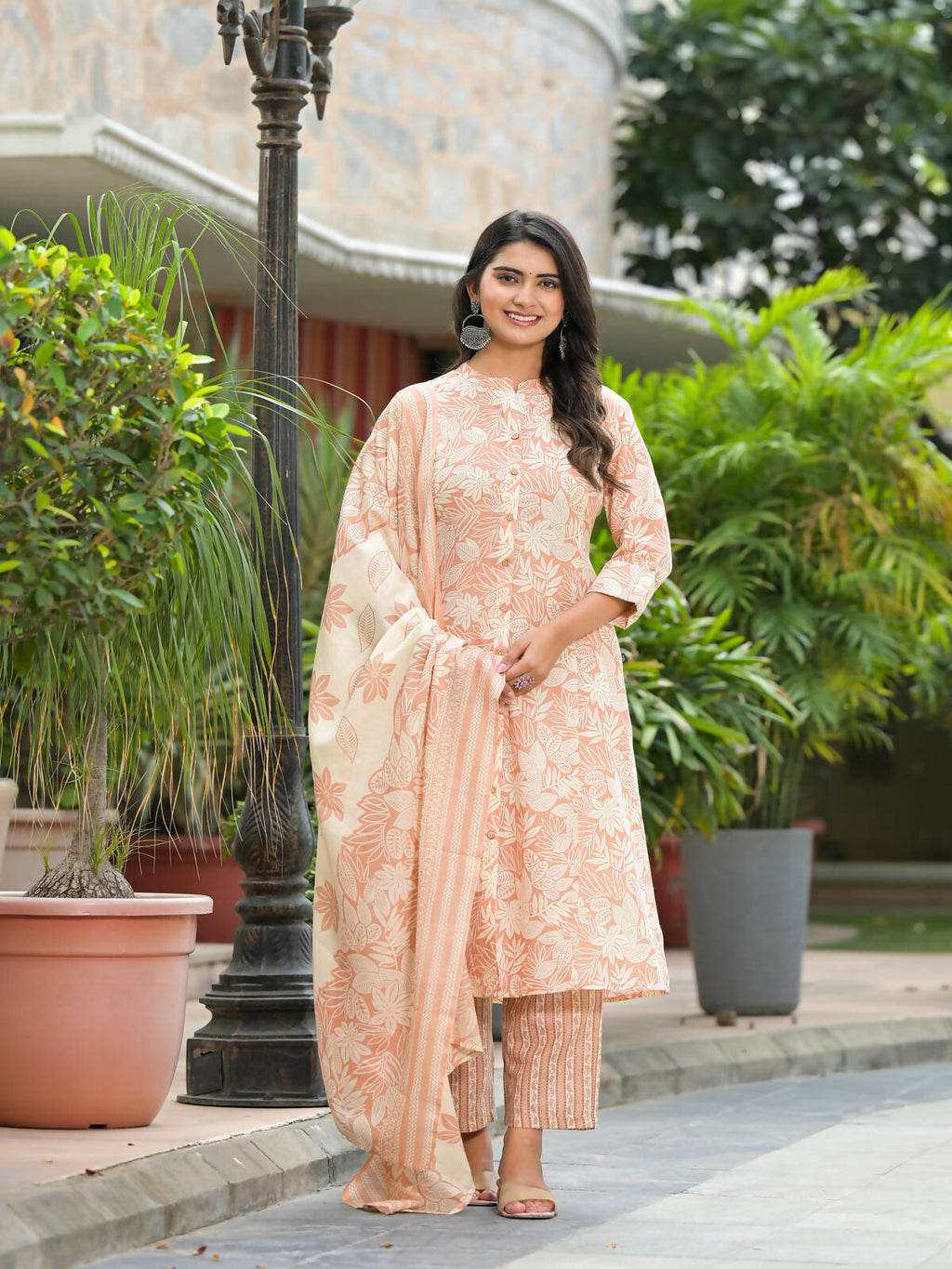 Juniper Women's Brown Floral Printed Cotton Kurta Set With Buttons | Grocsy