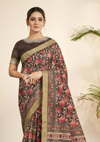 Brown Bhagalpuri Silk Floral Print with Hand work & Stone Work Border Saree - Norita Nirvi | Grocsy