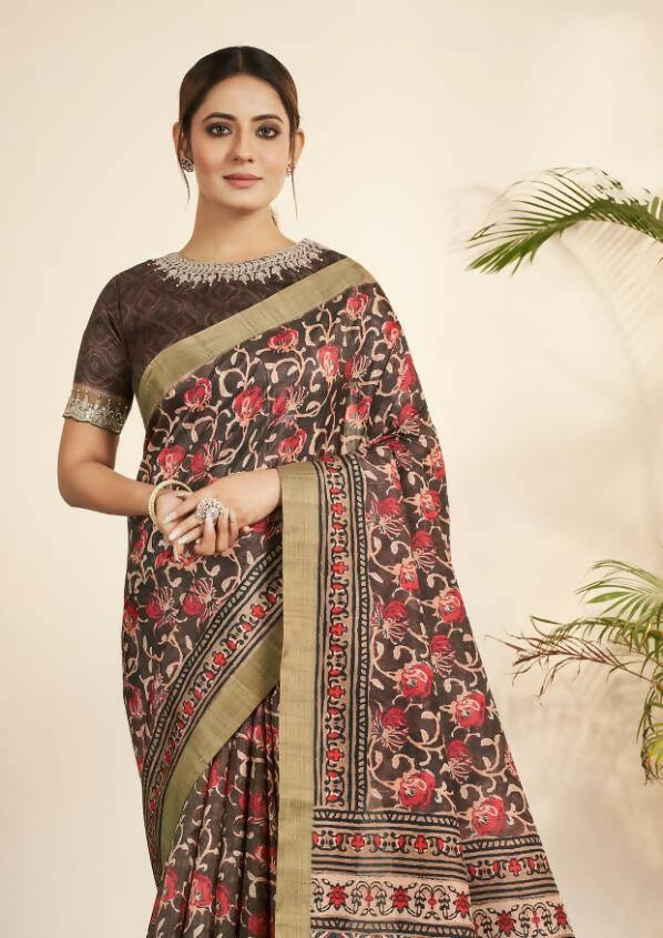 Brown Bhagalpuri Silk Floral Print with Hand work & Stone Work Border Saree - Norita Nirvi | Grocsy