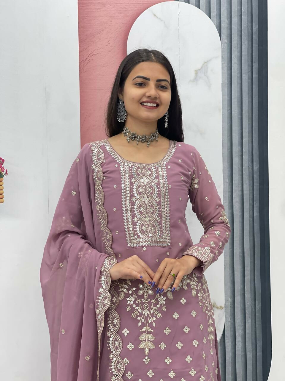 Teeya Creation Womens New Heavy Fox Georgette Fabric With Heavy Embroidery Work Kurta Set | Grocsy