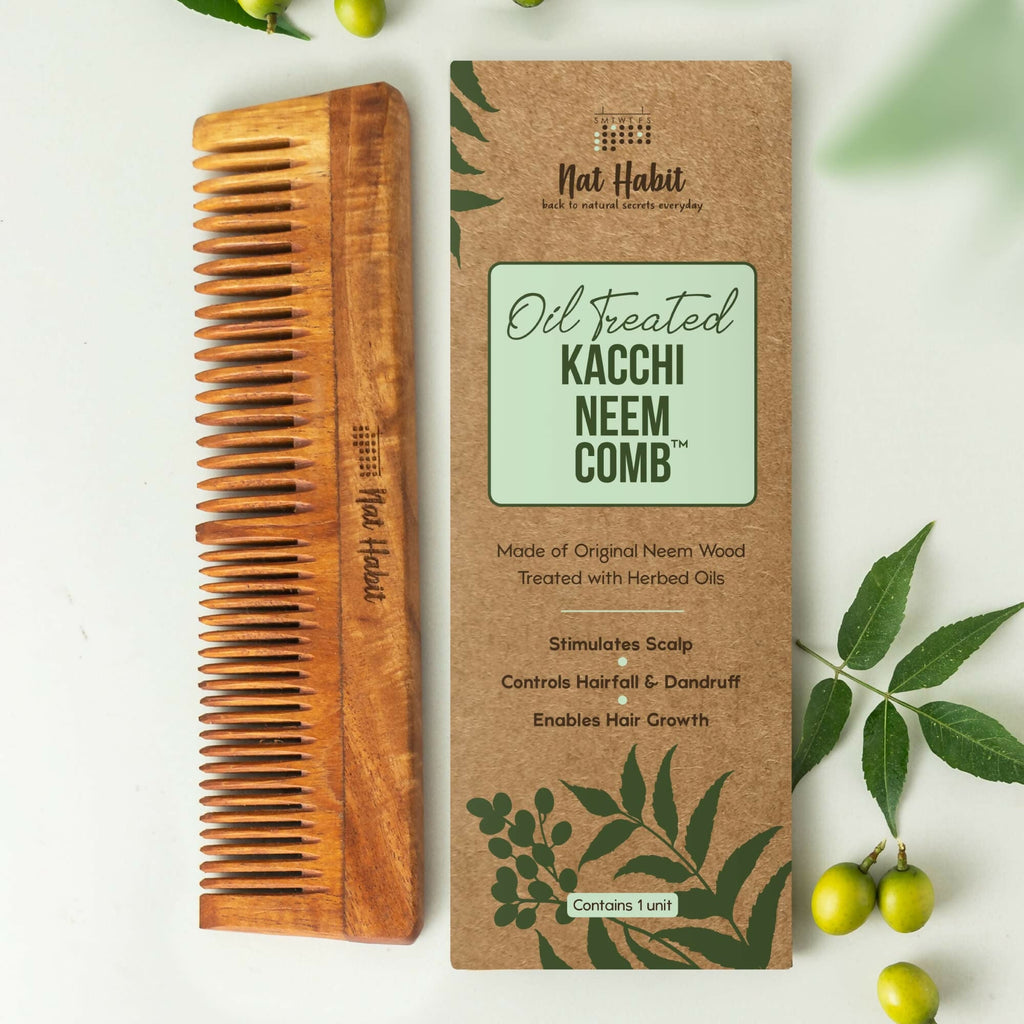 Nat Habit Kacchi Neem Wooden Comb - Soaked In 13 Herbs, Neem & Sesame Oil For Multi-Actions | Grocsy