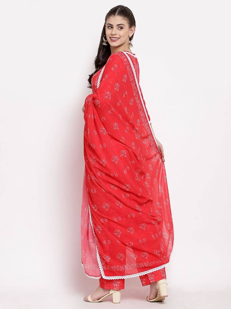 Myshka Women's Red Cotton Printed 3/4 Sleeve Round Neck Casual Kurta Pant Dupatta Set | Grocsy