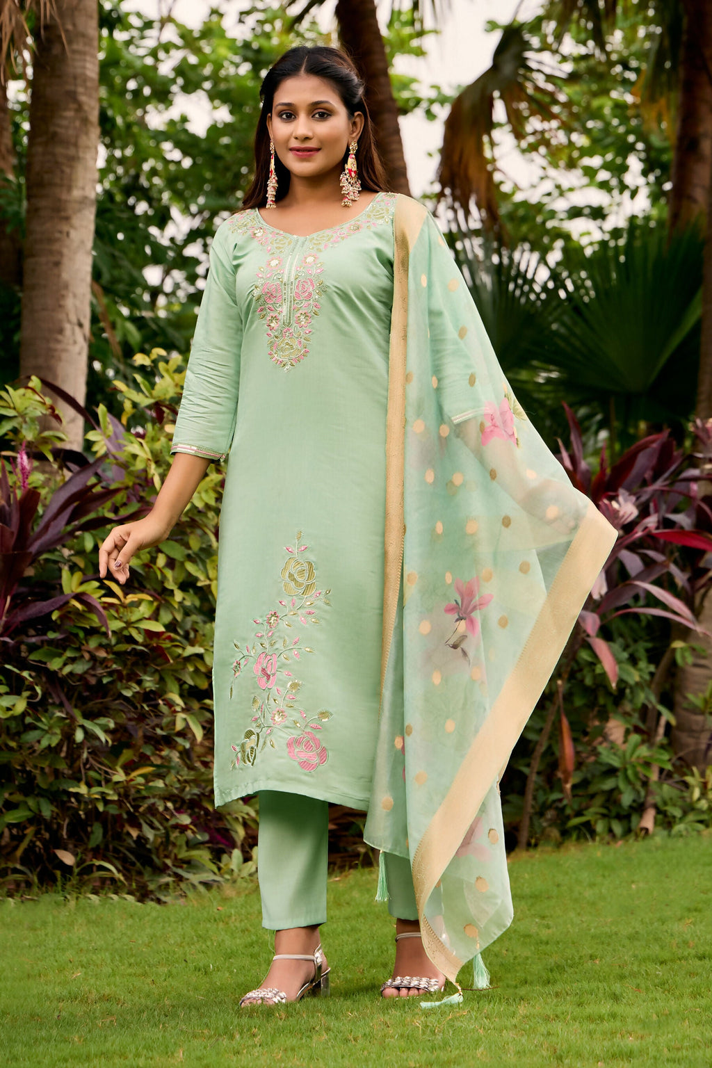 The52 Women's Beautiful Embroidery Work Roman Fabric Straight Kurta Pant and Dupatta Set | Grocsy