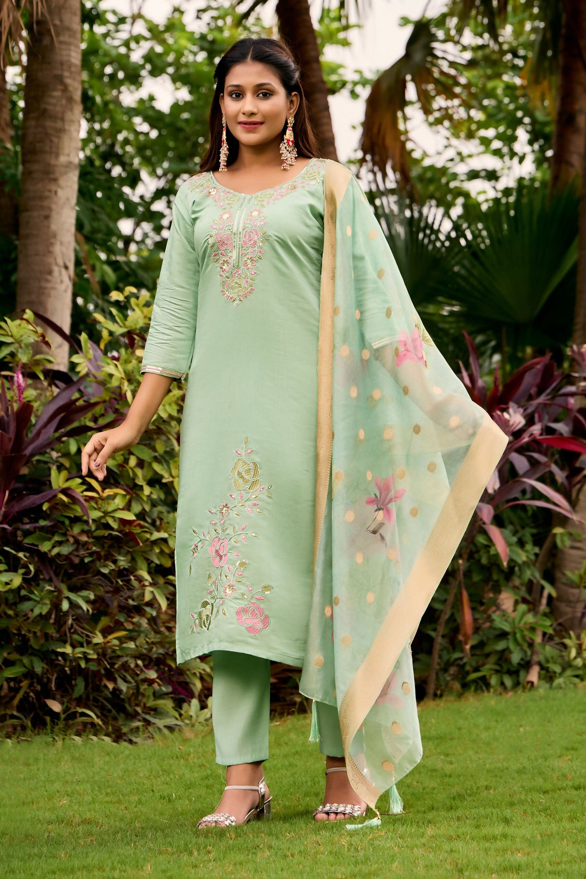 The52 Women's Beautiful Embroidery Work Roman Fabric Straight Kurta Pant and Dupatta Set | Grocsy