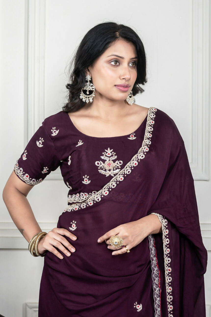 Morchari Wine Chiffon Hand Embroidery Saree And Stitched Blouse | Grocsy
