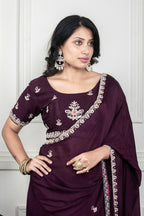 Morchari Wine Chiffon Hand Embroidery Saree And Stitched Blouse | Grocsy