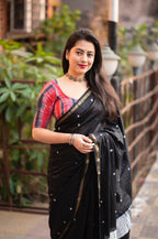 Black Chanderi Cotton Block Print Saree with Unstitched Blouse - Hiral Fashion | Grocsy