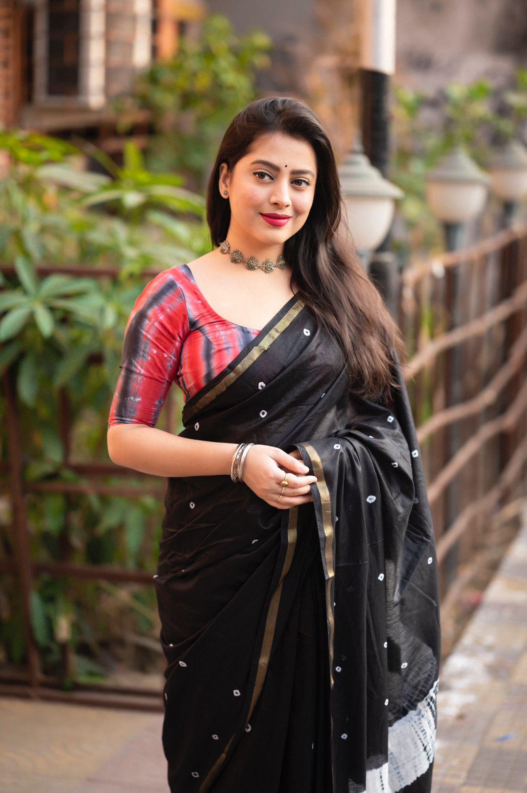 Black Chanderi Cotton Block Print Saree with Unstitched Blouse - Hiral Fashion | Grocsy