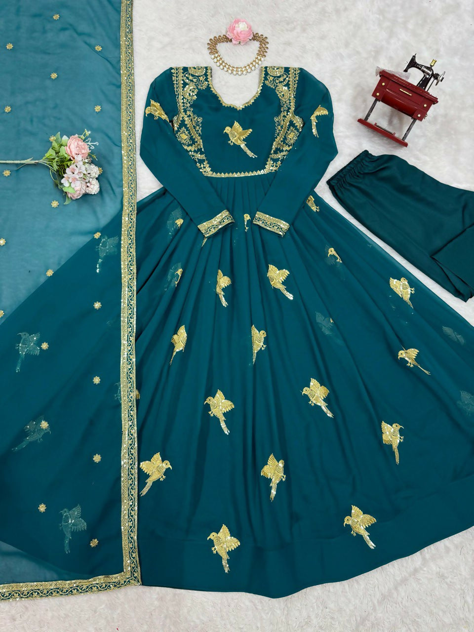 The52 Women's Gorgeous Faux Georgette Fabric Embroidery Work Flared Anarkali Pant and Dupatta Set | Grocsy