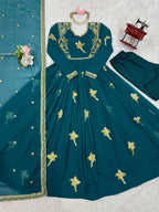 The52 Women's Gorgeous Faux Georgette Fabric Embroidery Work Flared Anarkali Pant and Dupatta Set | Grocsy