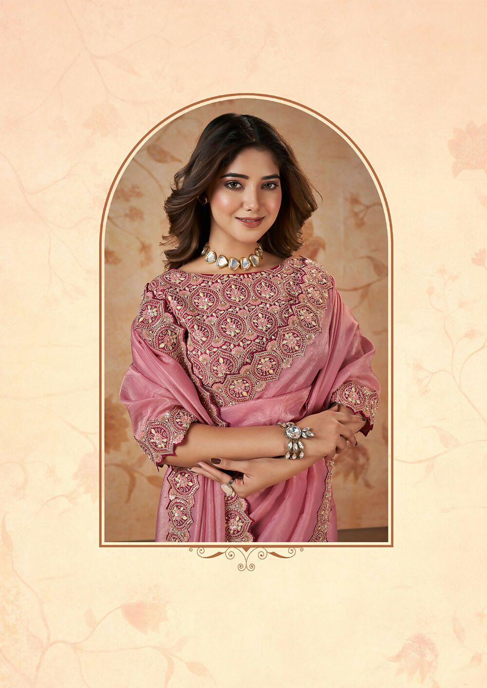 Pink Banarasi Crush Silk Thread, Sequence, Cord and jari Embroidered with Stone Work Saree - Mohmanthan Dakshika | Grocsy