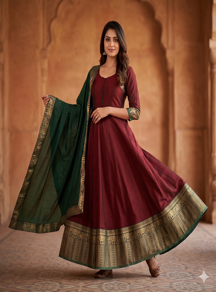 Teeya Creation Royal Maroon Anarkali Gown with Zari Border Dupatta for Women | Grocsy