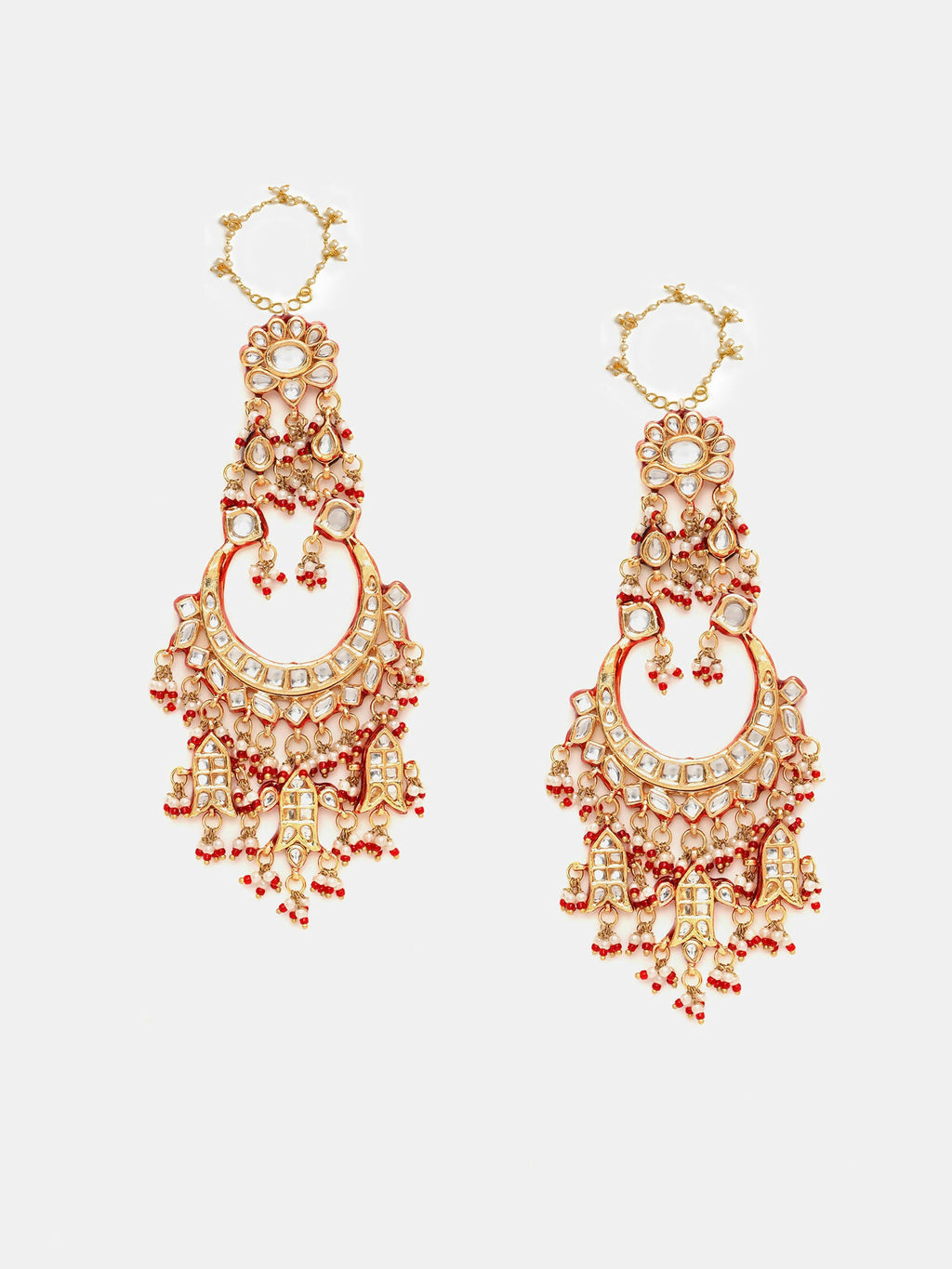Ruby Raang 22k Gold Polished Kundan Chand Earrings With Ear Chains | Grocsy