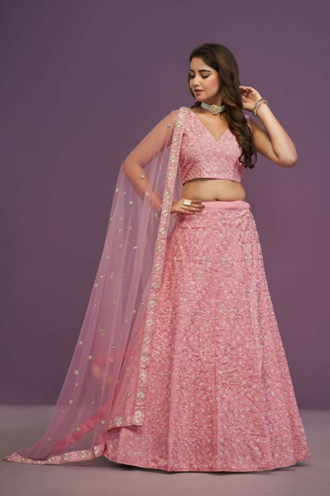 Pink Malai Silk Zari Embroidery Work Lehenga Choli - Jihu Culture | Grocsy