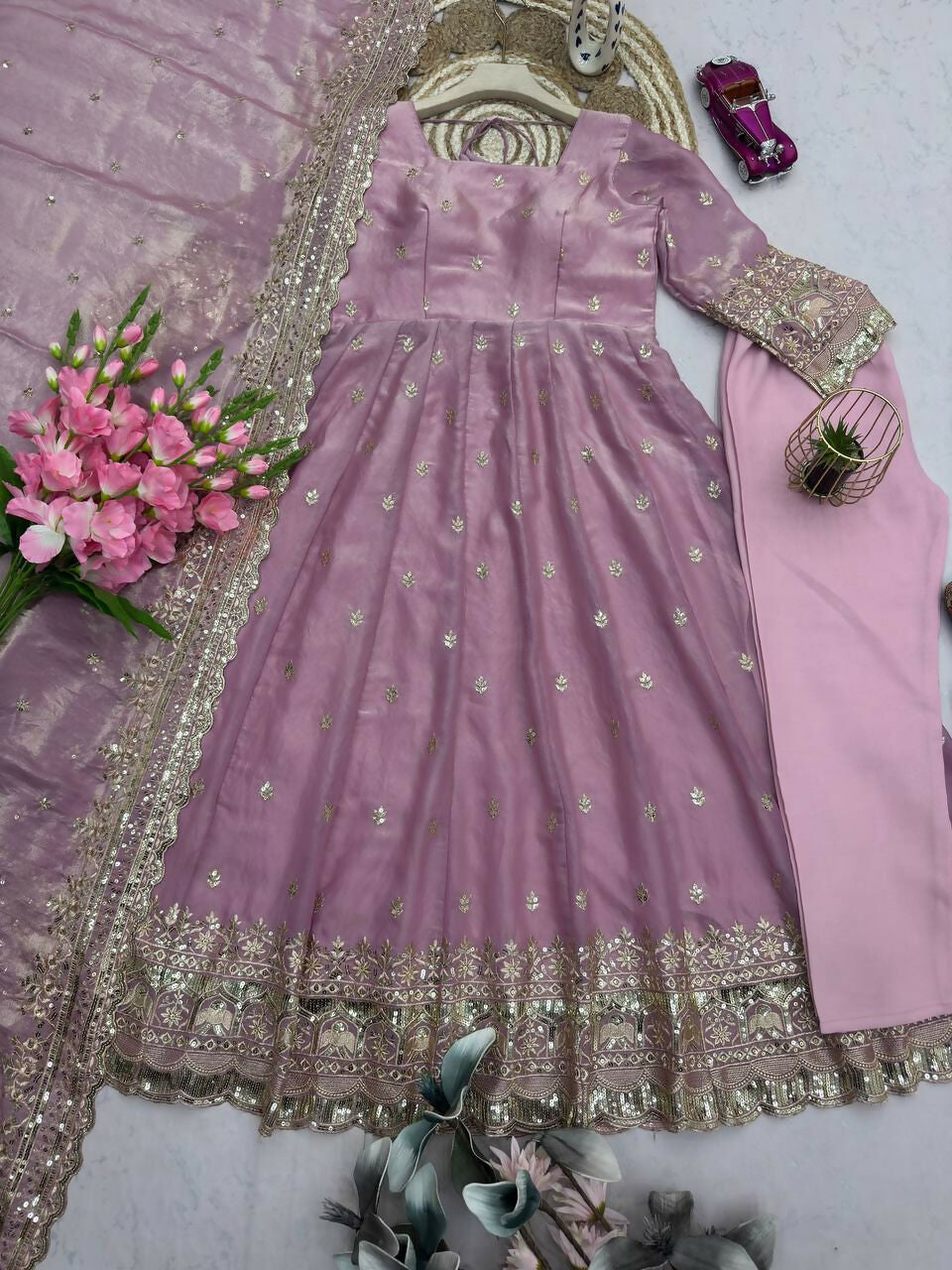 Teeya Creation Onion Fendy Silk Designer Heavy Work Wedding Wear Long Gown | Grocsy