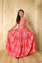 Aayaa Designer Printed Silk Embroidery Kids Lehenga Choli - Pink | Grocsy