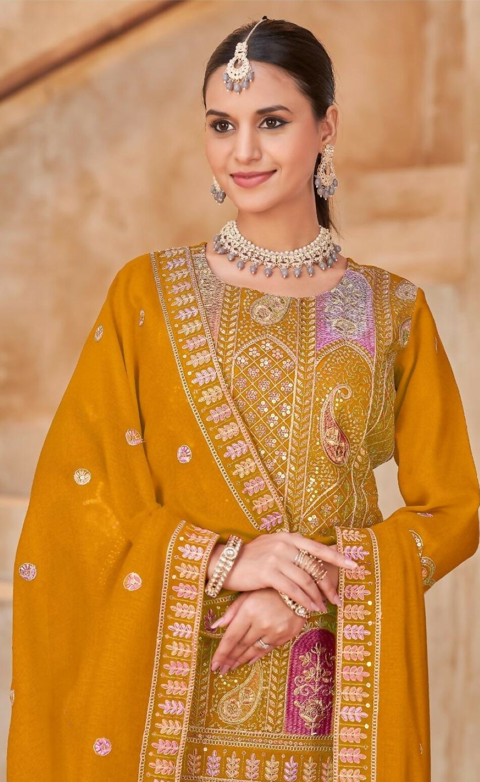 Anaita Mustard Vichitra Silk Readymade Suit with Embroidery & Lace Work | Grocsy
