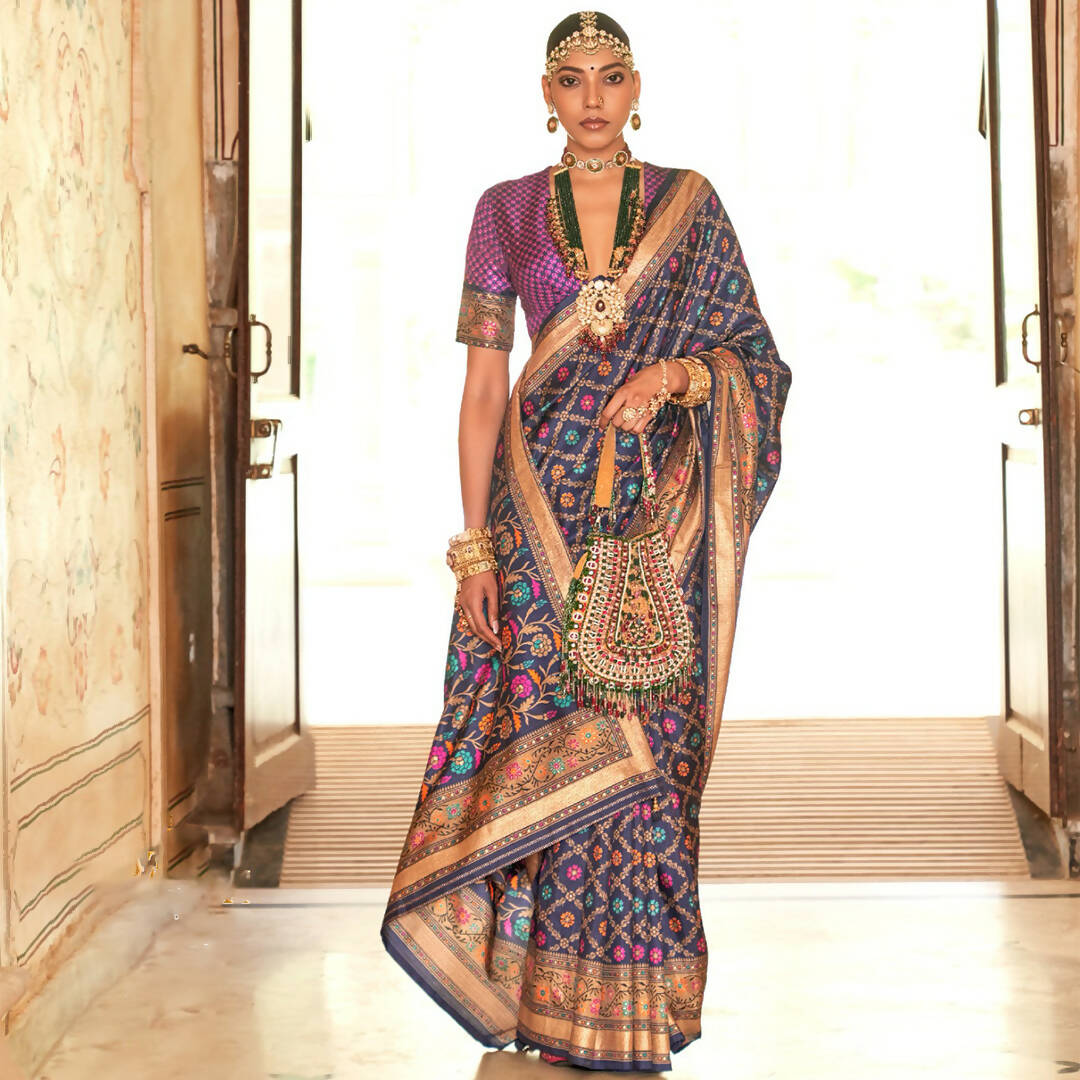 Bay Blue Silk With Banarasi Print Work Saree - Trirath Yamuna | Grocsy