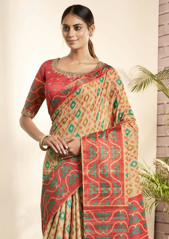 Beige Bhagalpuri Silk Woven design with Hand work butta Saree - Norita Nirvi | Grocsy