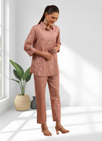 Joban Fashion Powder Pink Cotton, Linen Embroidered Readymade Cord Set | Grocsy