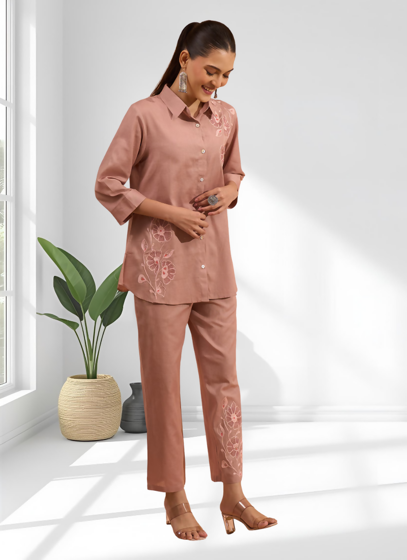 Joban Fashion Powder Pink Cotton, Linen Embroidered Readymade Cord Set | Grocsy
