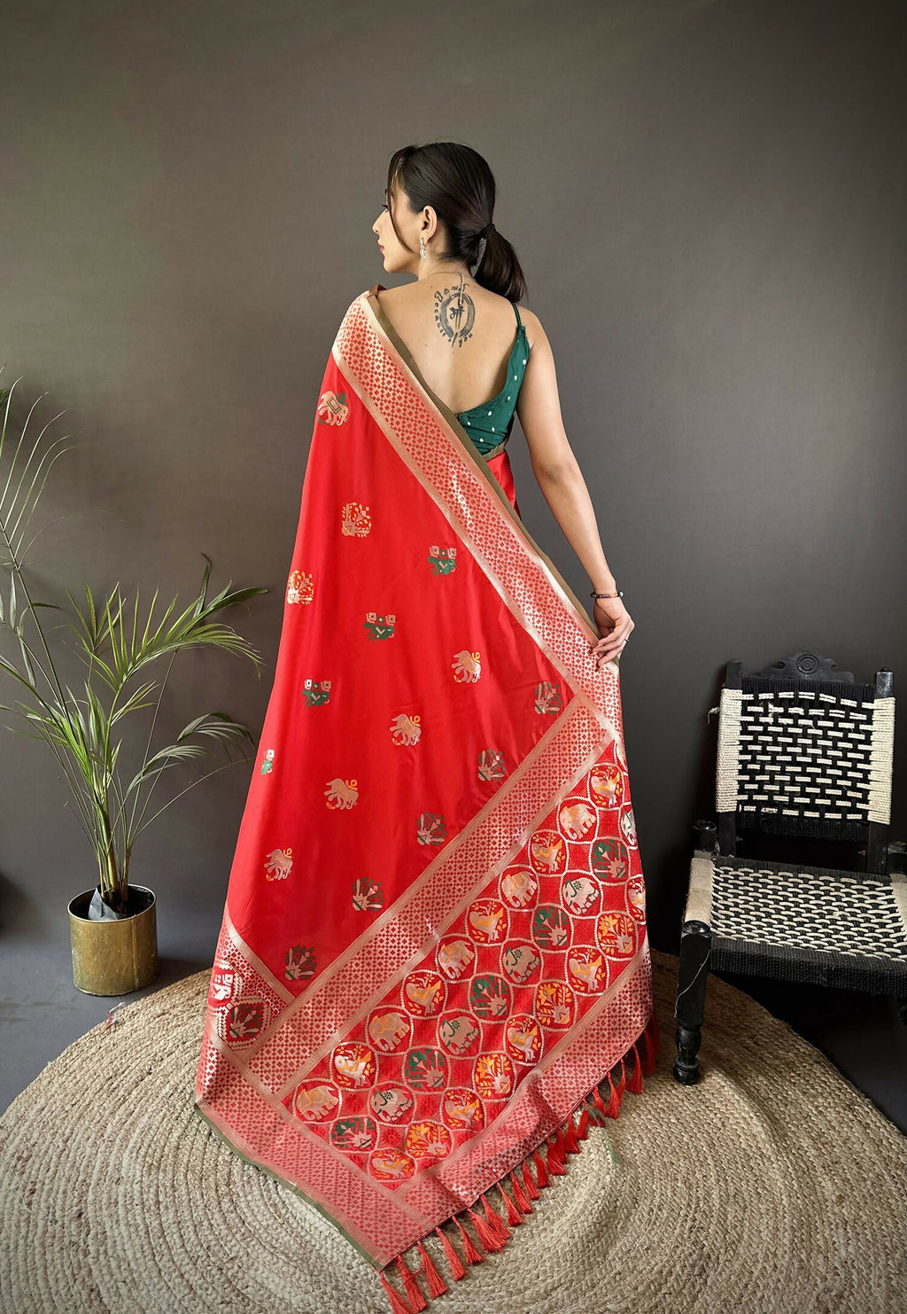 Joban Fashion Red Elephant & Floral Motifs Soft Lichi Silk Banarasi Saree | Grocsy