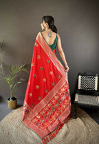 Joban Fashion Red Elephant & Floral Motifs Soft Lichi Silk Banarasi Saree | Grocsy