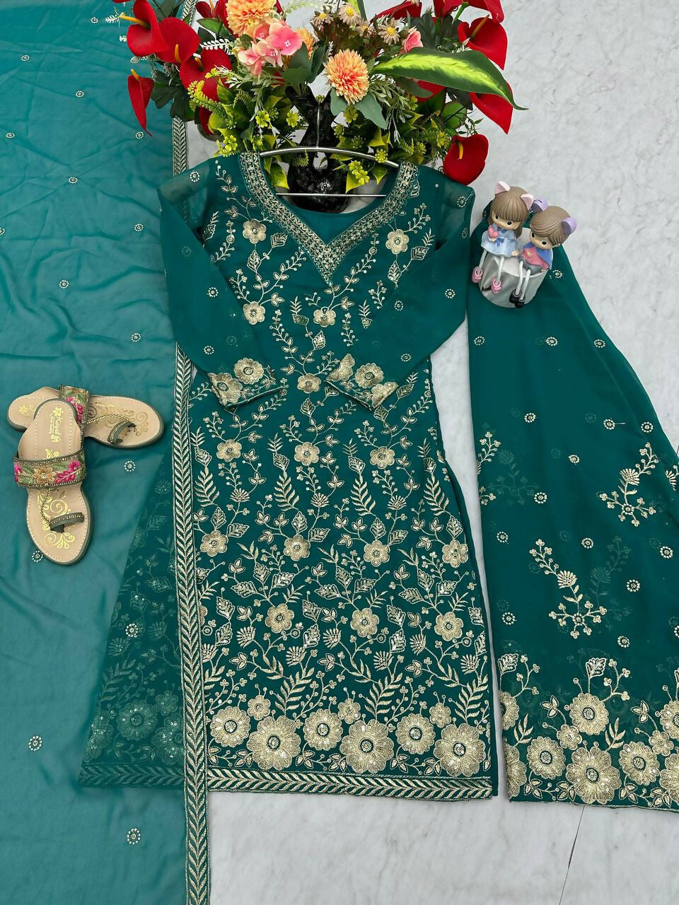 Teeya Creation Womens New Heavy Fox Georgette Fabric With Heavy Embroidery Work Green Kurta Set | Grocsy