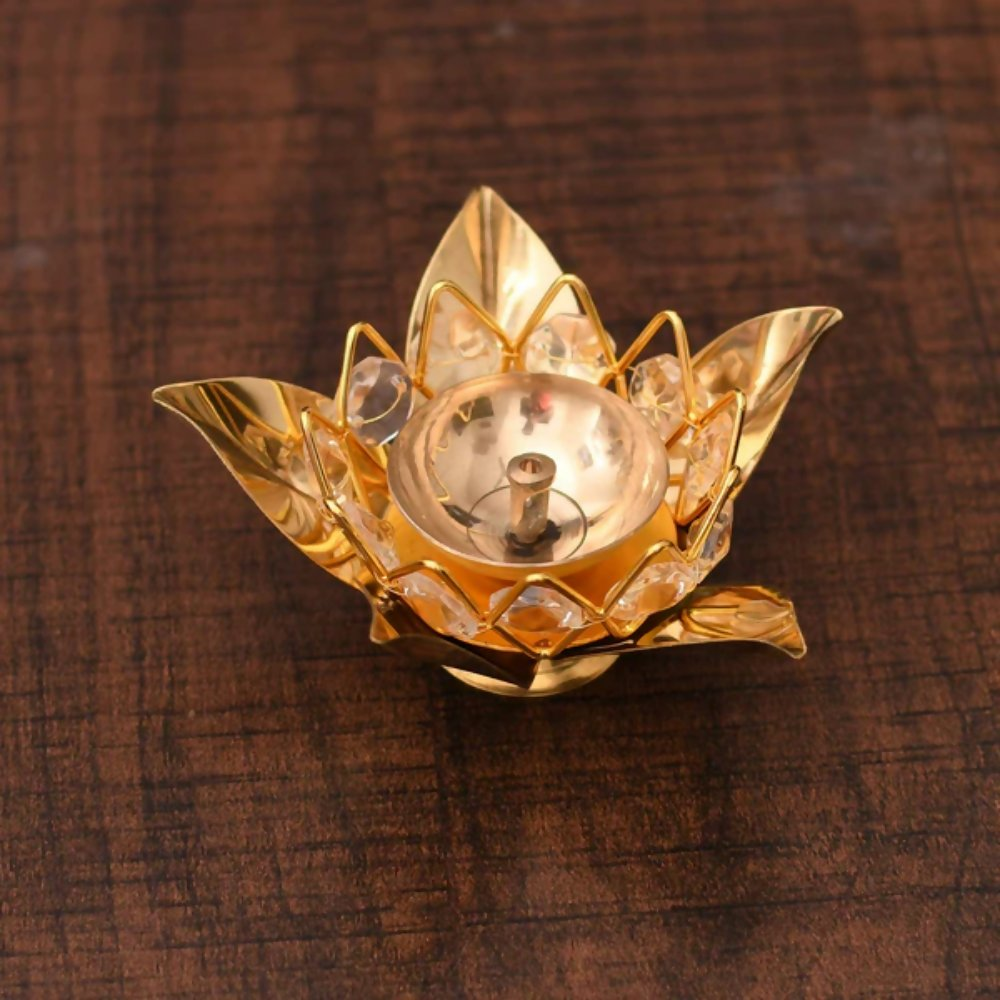 CraftVatika Brass Crystal Lotus Shape Diya Deepak With Gift Box | Grocsy