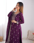 Teeya Creation Wine Color Pure Chinnon Silk Embroidery Work Functional Wear Salwar Suit | Grocsy