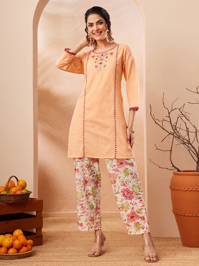 Janasya Peach Straight Cotton Co-Ords | Grocsy