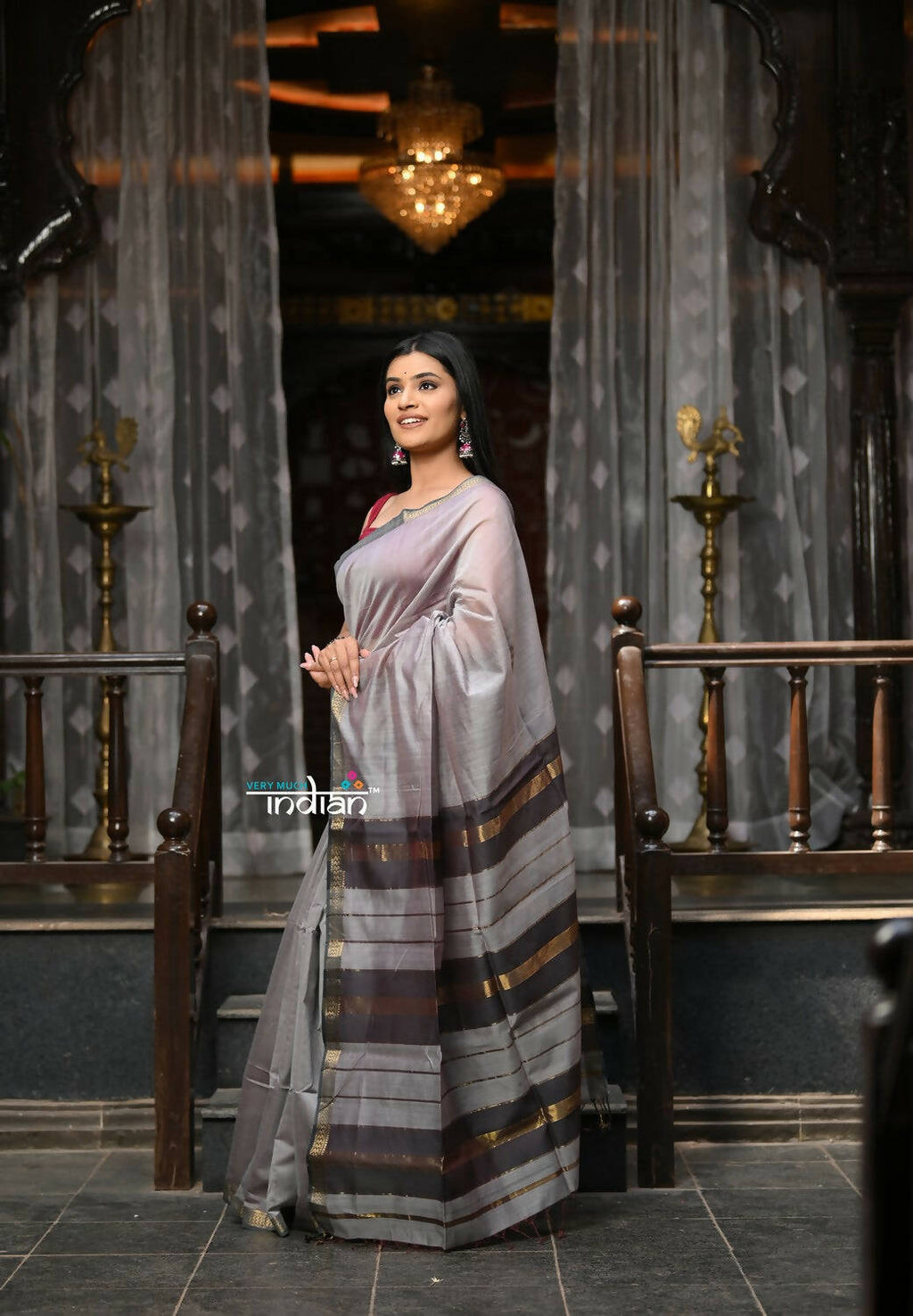 Very Much Indian VMI Exclusive Designer! Handloom Cotton Silk Saree With Sleek Golden Border - Grey Shade | Grocsy