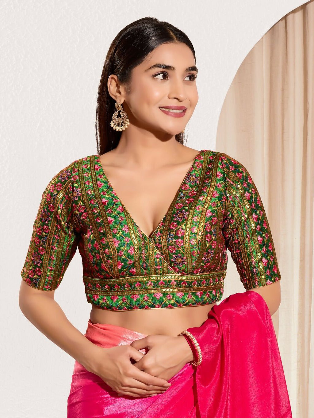 Joban Fashion Bottle Green Mulberry Silk Padded Blouse With V Neck Elbow Sleeves | Grocsy