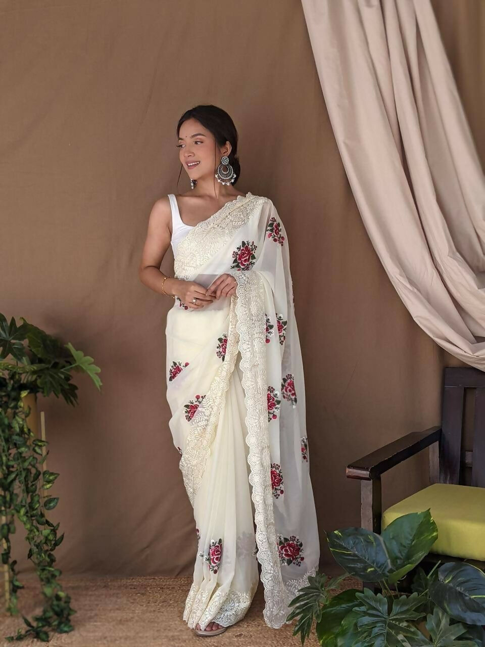Vamsee Fana Off White Georgette Silk Saree | Grocsy