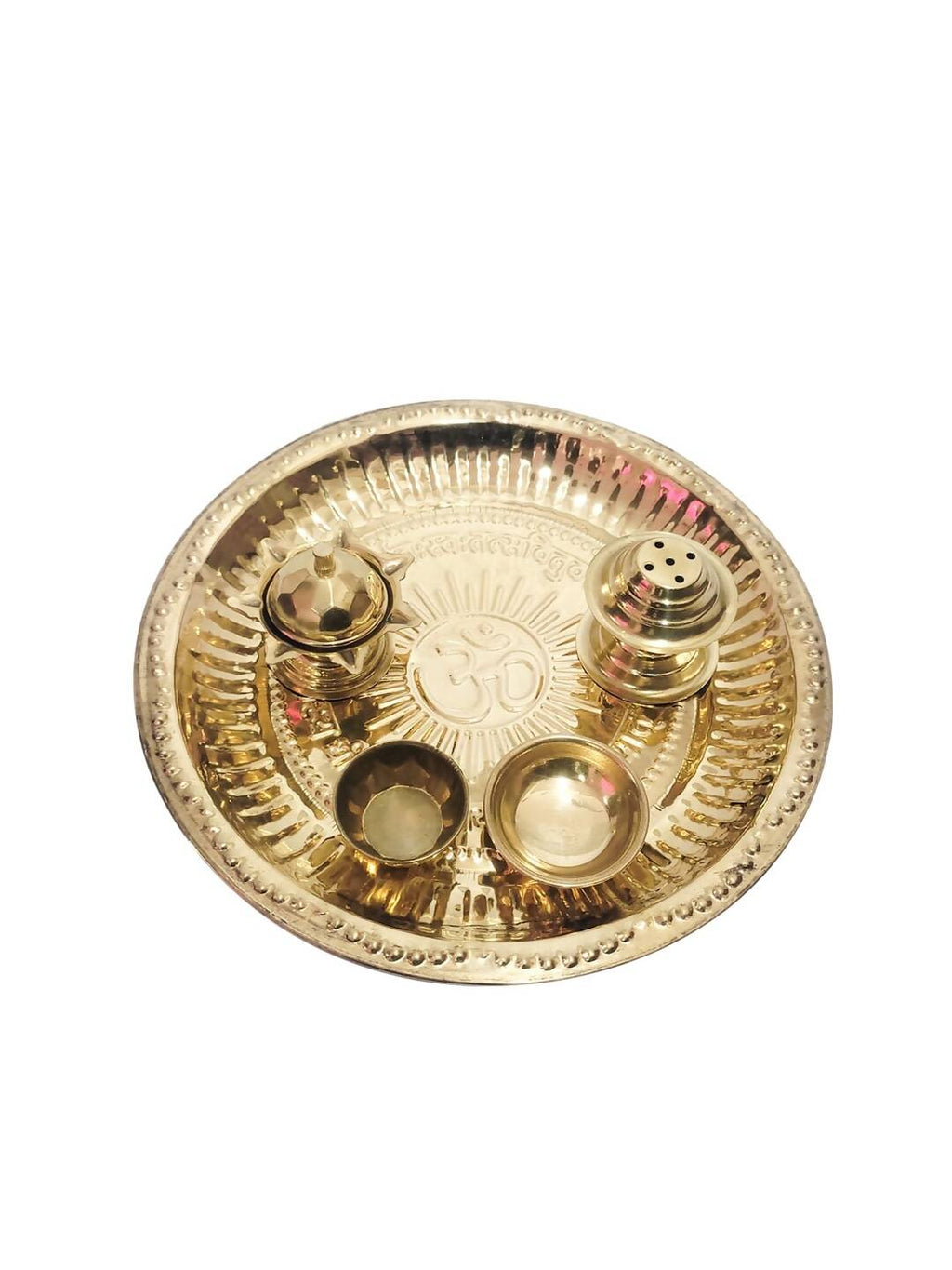 Tied Ribbons Gold Toned Pooja Thali With Attached Incense Diya Tilak Holder | Grocsy