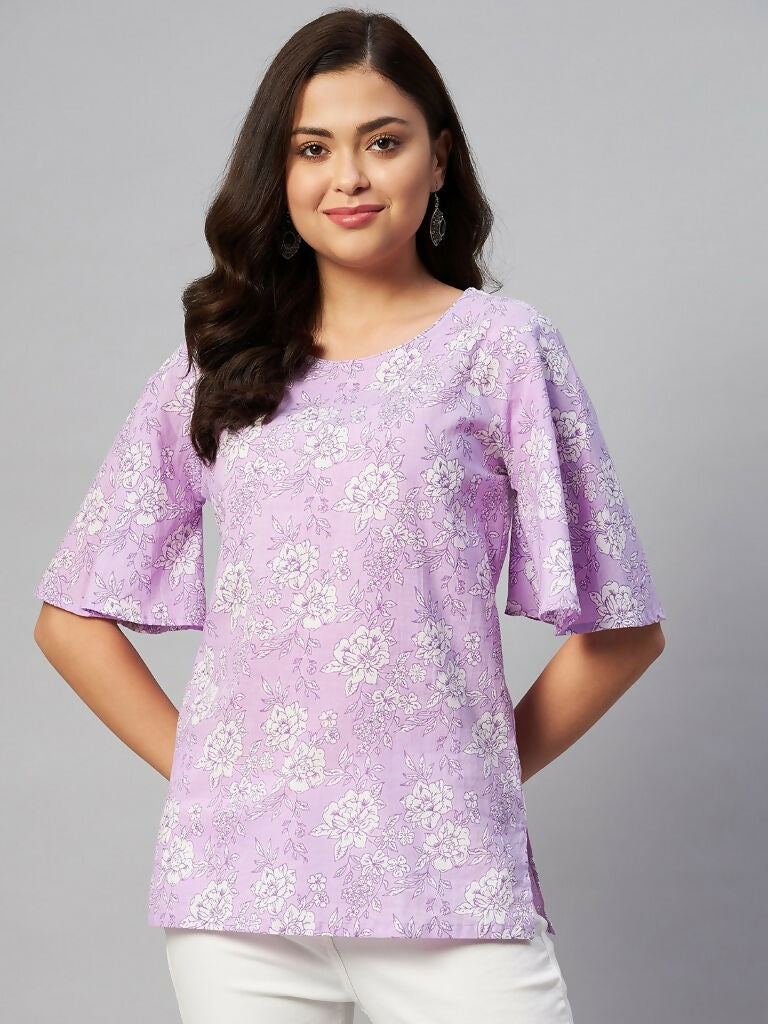 Miravan Women's Lavender-Coloured Bell Sleeve Floral Print Kurti | Grocsy