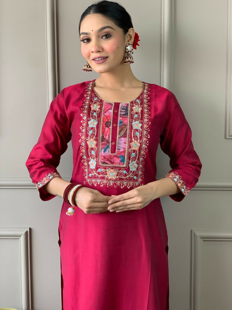 Partywear Designer Viscos Chanderi Maroon Stitched Suit With Dupatta - Tanisha | Grocsy