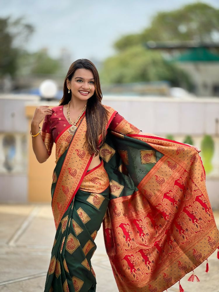 PR Fashion Freen Soft Banarasi Silk With Zari Weaving Meenakari Design Saree | Grocsy
