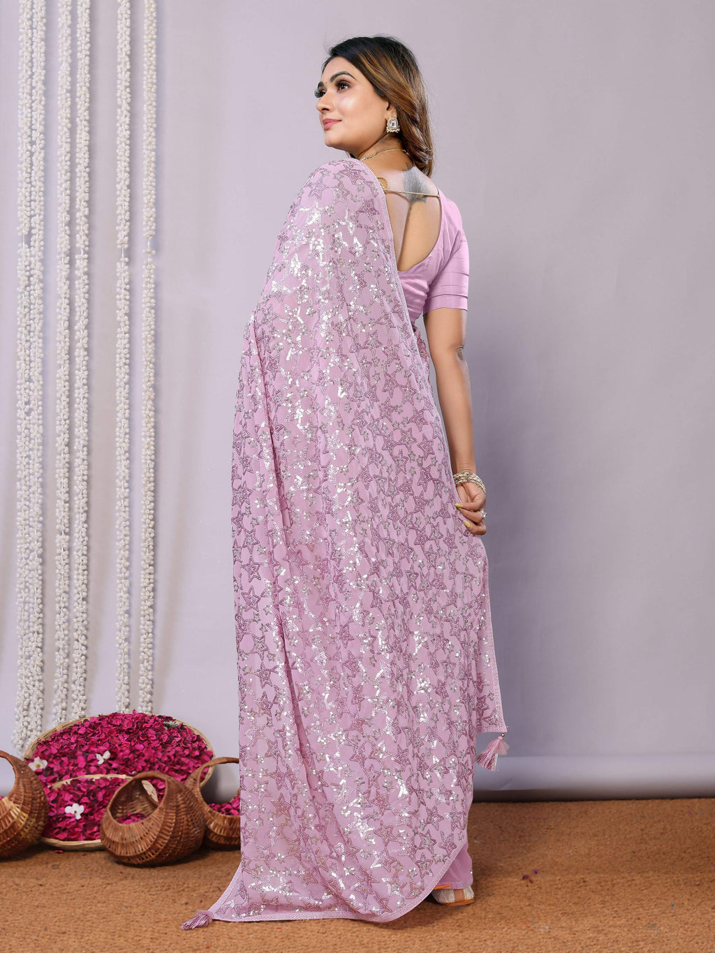 Pink Pure Georgette Embroidered Saree With Stitched Blouse - Nimaya Kaksha | Grocsy