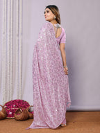 Pink Pure Georgette Embroidered Saree With Stitched Blouse - Nimaya Kaksha | Grocsy