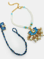 NVR Women & Men Set of 2 Blue Lotus Shape Kundan-Studded & Beaded Wraparound Rakhi Set With Roli Chawal & Chocolate | Grocsy