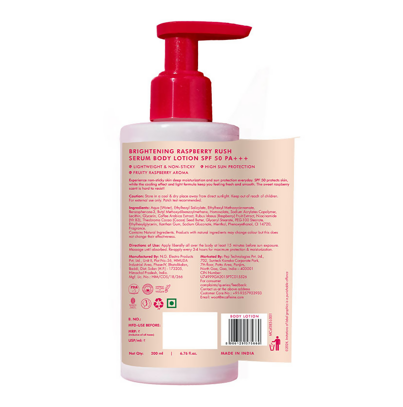 mCaffeine Brightening Raspberry Rush Serum Body Lotion SPF 50 PA+++ | Grocsy