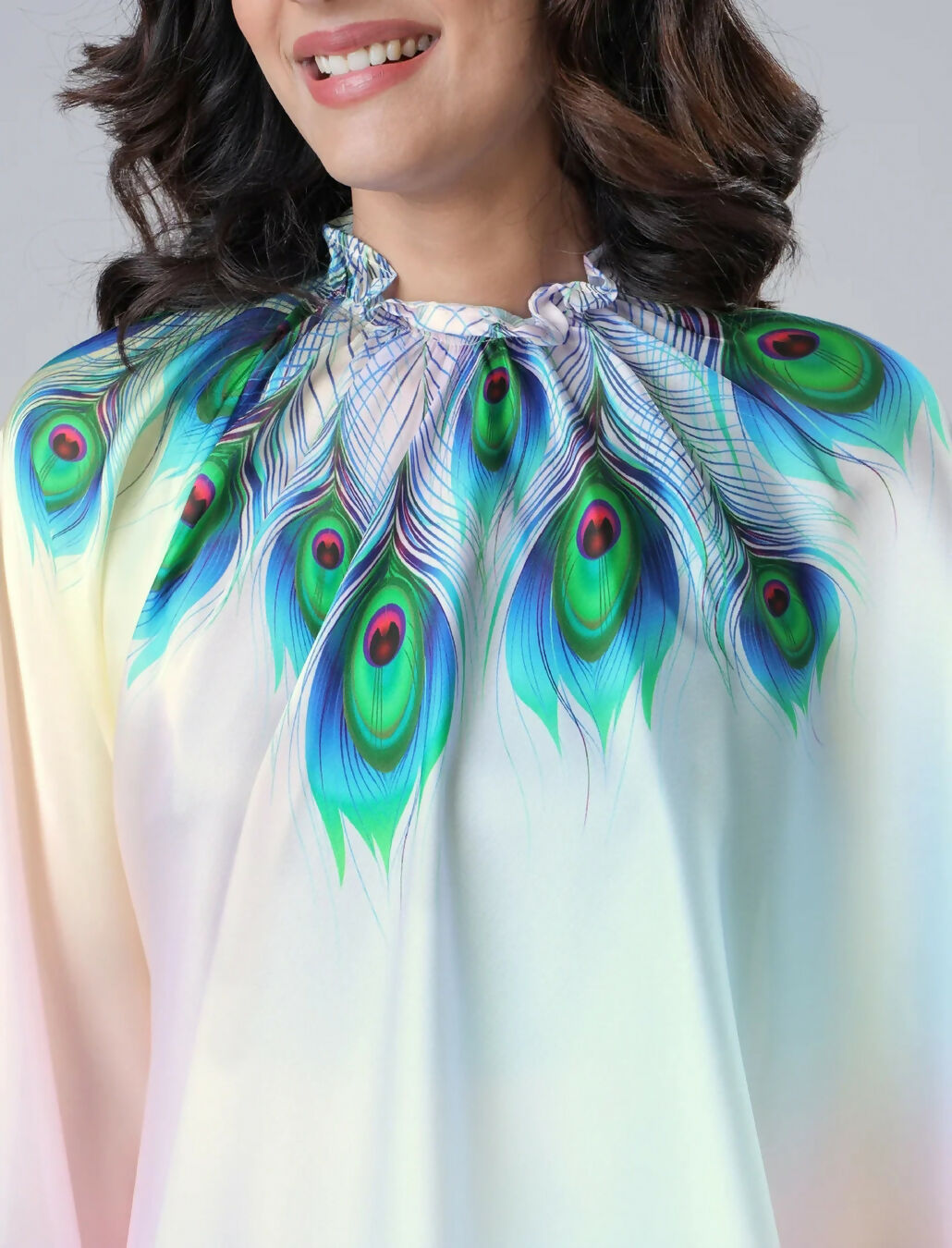 Vastranavya Pastel Rainbow Freehand Peacock Feather Print Ready to Wear Saree | Grocsy
