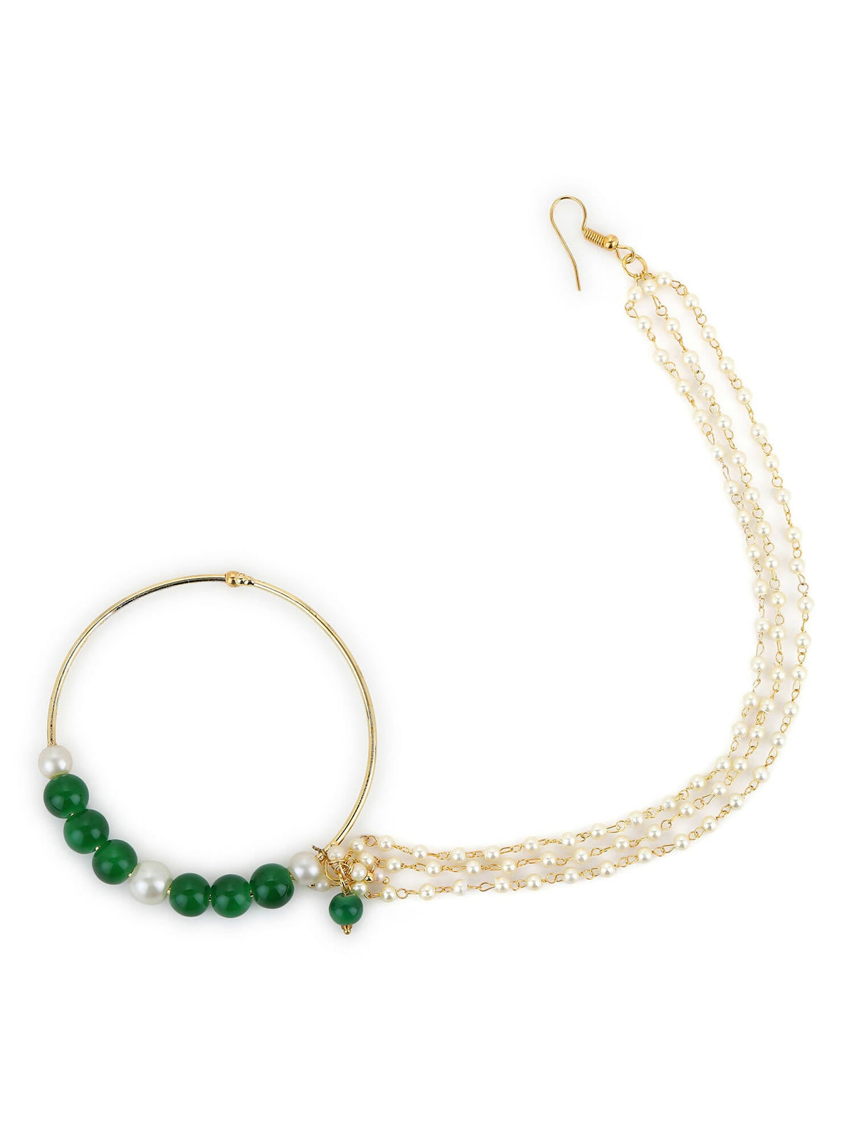 Gold-Polished White Green Stone-Studded Pearl Beaded Nosepin - Ruby Raang | Grocsy