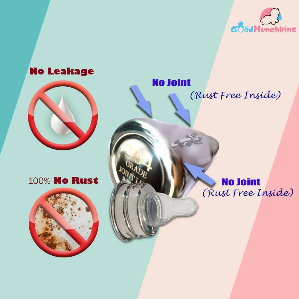 Goodmunchkins Stainless Steel Feeding Bottle with Bottle Cleaning Brush/Chakku/Anti Colic Silicone Nipple Combo-(150ml,Blue) | Grocsy