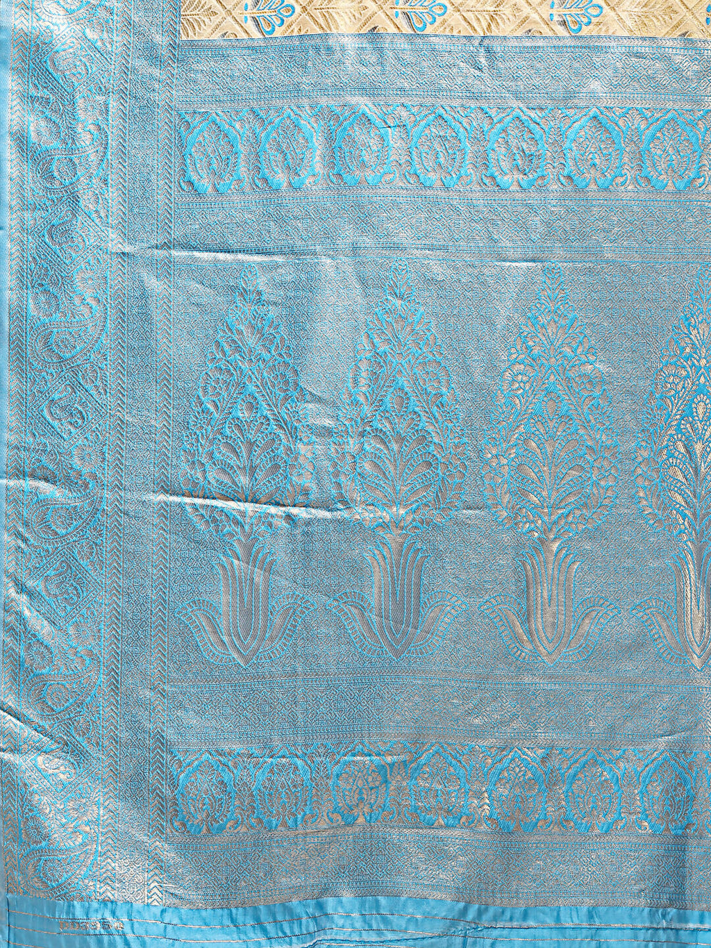 Shree Shyam Fashion Aura Silk Cream Sky Blue Banarasi Silk Saree | Grocsy