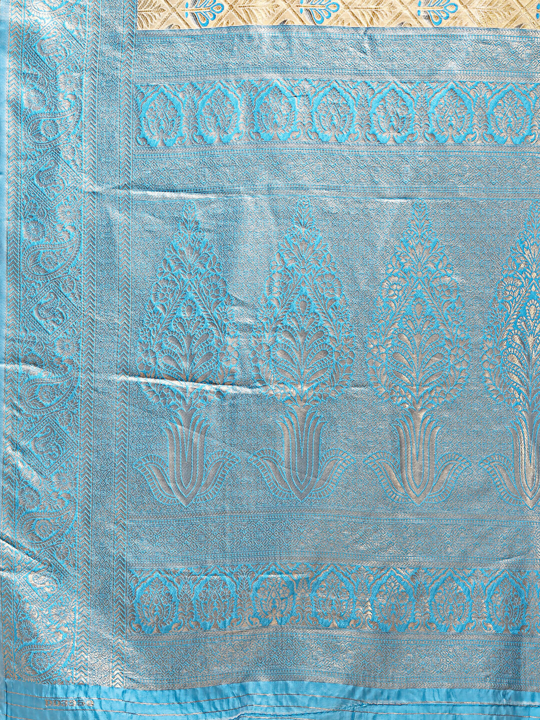 Shree Shyam Fashion Aura Silk Cream Sky Blue Banarasi Silk Saree | Grocsy