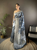 Joban Fashion Grey Floral Motifs Soft Silk Banarasi Saree | Grocsy